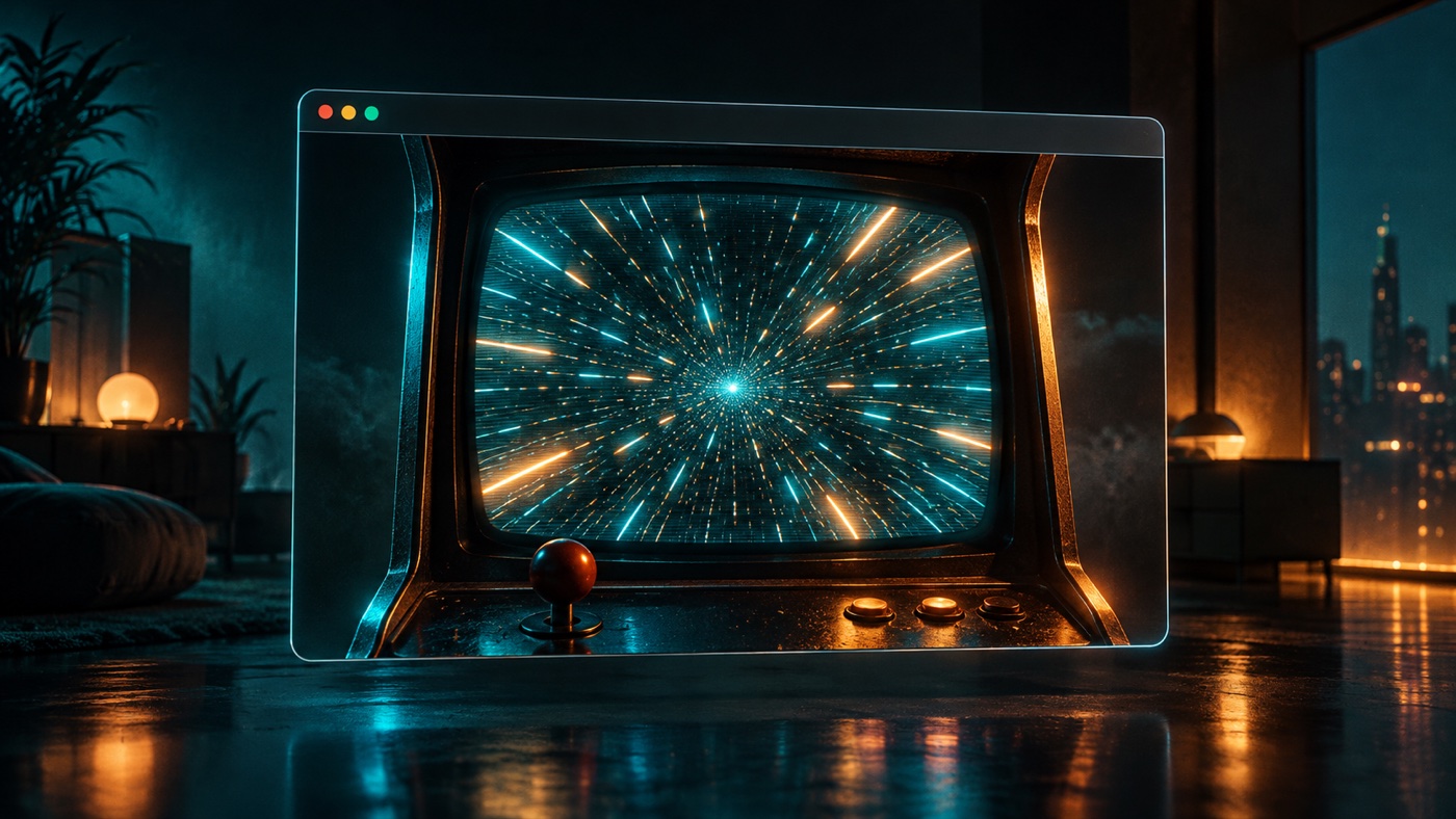 A retro arcade cabinet screen glowing inside a browser window, a starfield spiraling outward