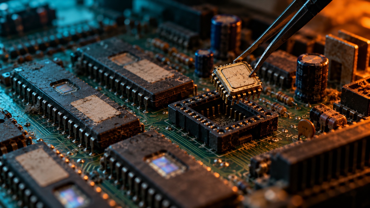Tweezers lifting a windowed EPROM chip out of a socket on a dusty arcade circuit board