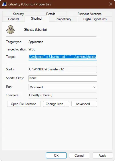 Windows shortcut properties for Ghostty